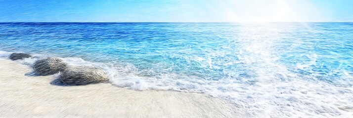 Fototapeta premium Coastal beach scene with clear blue water, rocks, and waves under a bright sun. Relaxing travel