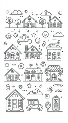 Fototapeta premium Line art illustration of various houses and urban elements