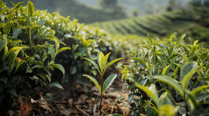 Obraz premium A lush tea plantation is shown in a close-up shot. A single sprout amidst green leaves is the focus, highlighting the freshness of tea cultivation.