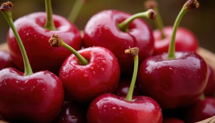 A close-up image of fresh, ripe cherries with bright red skin and green stems. The cherries are clustered together, showcasing their round, plump shape and glossy surface. 