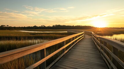 Fototapeta premium Tranquil coastal marsh boardwalk at sunset, highlighting nature s beauty and visitor connection