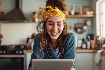 Happy Woman Using Tablet in Kitchen
