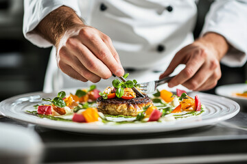 Professional chef plating a gourmet dish with precision and artistic presentation
