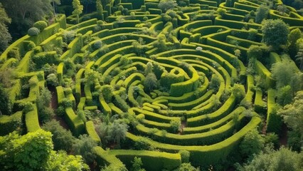 Naklejka premium Aerial view of a lush green hedge maze featuring intricate,