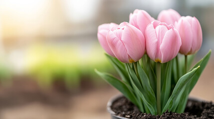 Beautiful pink tulips in pot, symbolizing spring arrival