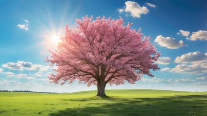 A panoramic view of a vibrant green field under a bright blue sky,