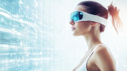 Beautiful female face in glowing digital eyewear against a futuristic, bokeh background. High-tech beauty and healthcare concept.