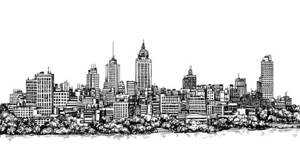Naklejka premium City skyline in black and white, urban sketch art, drawing of buildings, for background