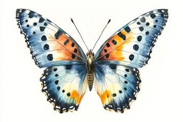 Fototapeta premium Watercolor painted butterfly, wings spread, white background, nature art, print design