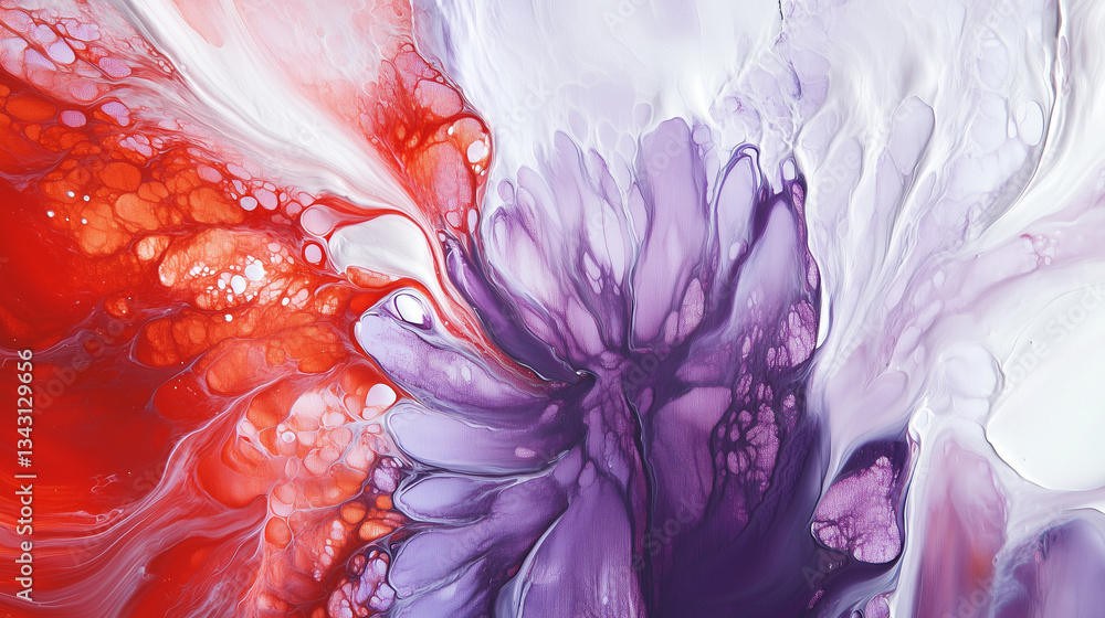 Poster dynamic abstract painting featuring swirling red and purple colors with fluid patterns