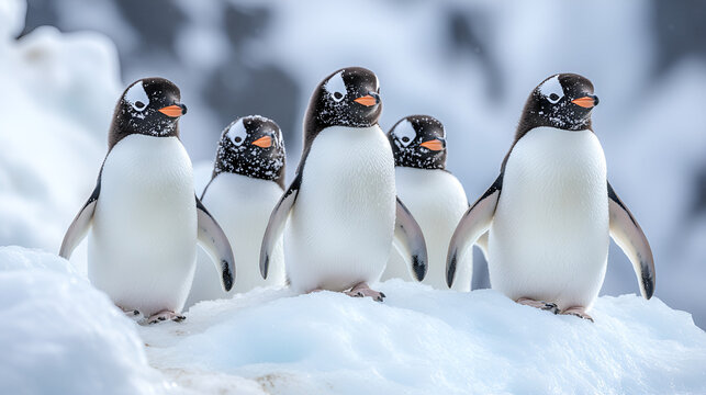 Five fluffy Gentoo penguins huddle, snowy Antarctic landscape, charming winter scene, crisp detail wildlife