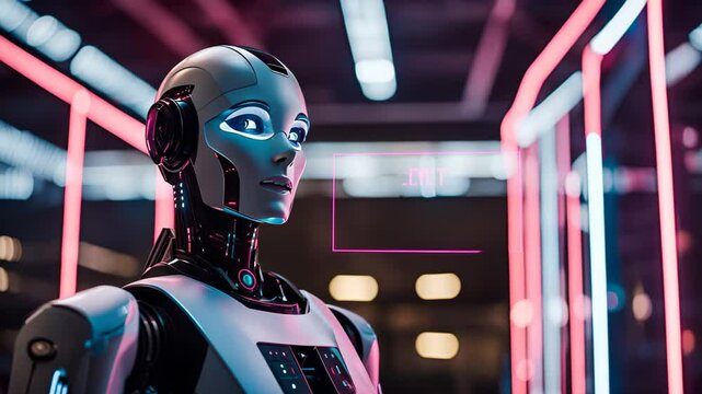 Humanoid robot closeup on blurred neon background