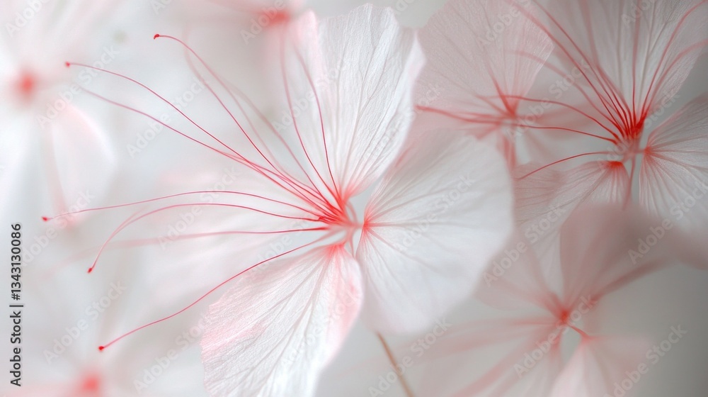 Poster soft white petals spread across a serene garden, their delicate structures adorned with vivid red fi