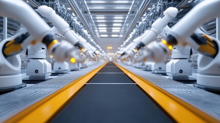 AI-powered automated factory with robotic arms and smart machinery.