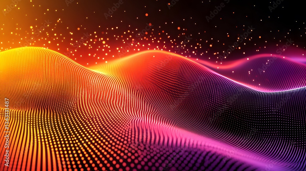 Poster colorful abstract digital display depicting waves of luminous data