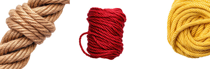 An arrangement of vibrant and textured coils of rope twine and cord in various shades of brown red and yellow presented against a clean white background for a bold and visually striking composition