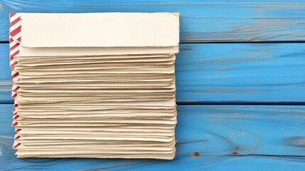 Stacked letters, wood background, vintage mail, blue backdrop, archival
