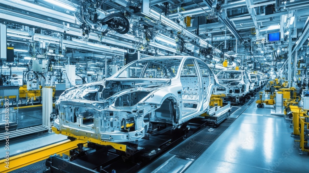 Aufkleber assembly line framework being installed in a high-tech industrial plant.