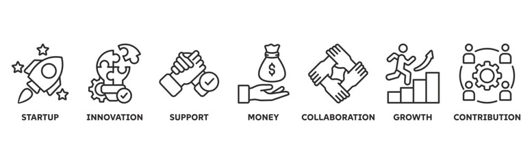 Crowdfunding icon set illustration concept with icon of startup, innovation, support, money, collaboration, growth, contribution 