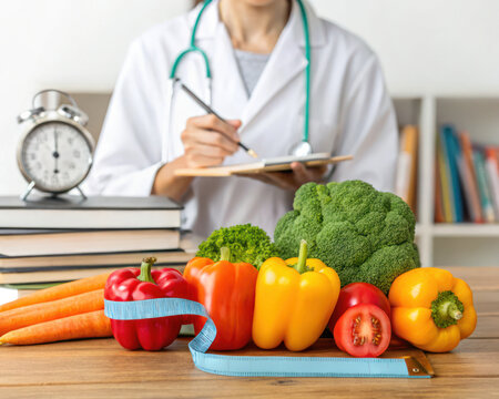 Health professionals documenting fresh vegetables for nutritional guidance in a clinic environment