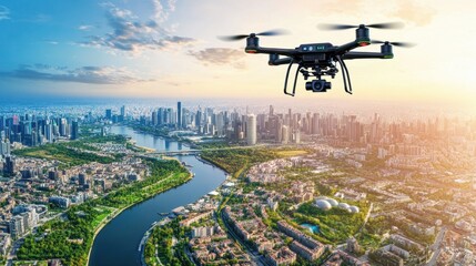 Autonomous AI-controlled drone flying over a futuristic smart city.