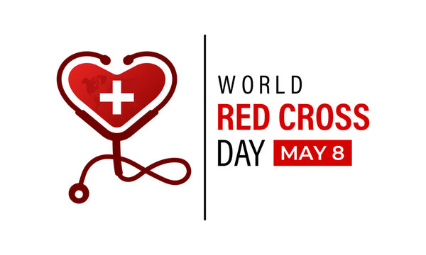 World Red Cross Day is observed annually on May 8th. International Red Cross and Red Crescent Movement.  Hand with heart on color background and Stethoscope. Design for web banner, cards, prints.