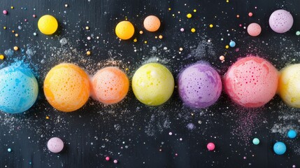 Colorful Bubbles Floating on a Dark Surface with Sprinkles and Texture