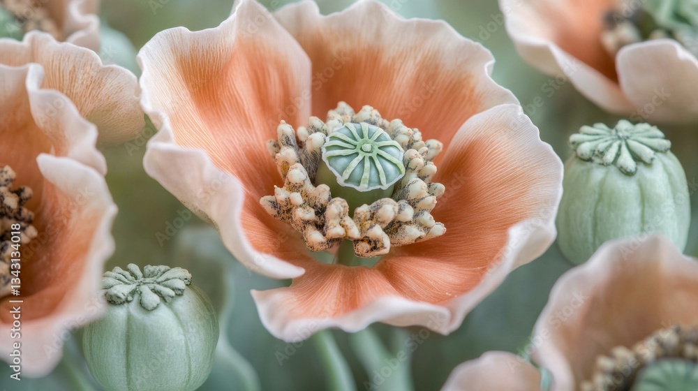Poster Soft peach flowers bloom gracefully, showcasing intricate textures and patterns. Surrounding buds hint at vibrant colors yet to unfold, creating a tranquil atmosphere in a lush garden