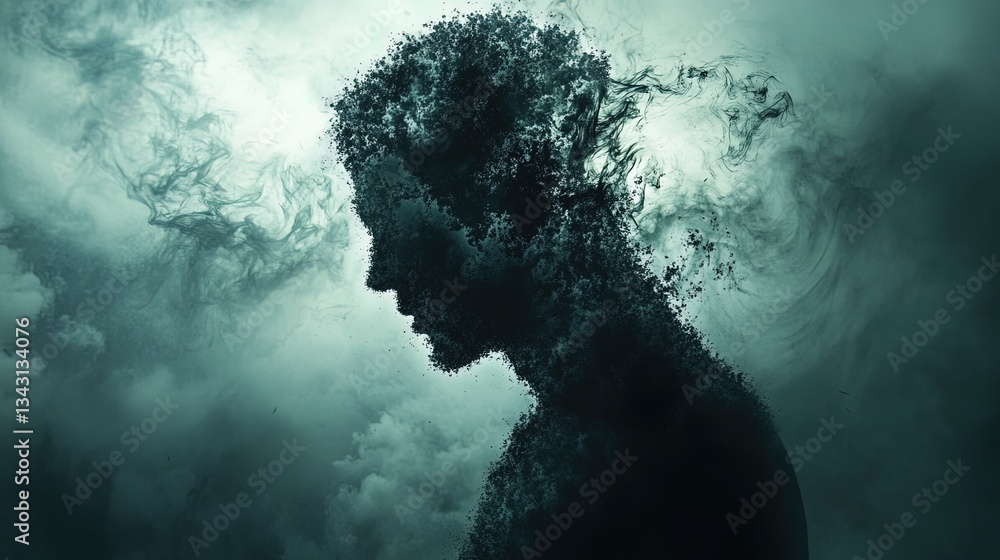Poster human silhouette made of floating shapes and particles, dissolving into light
