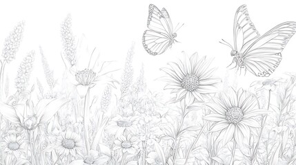 Obraz premium Butterflies flying over wildflower meadow with flowers in a nature scene