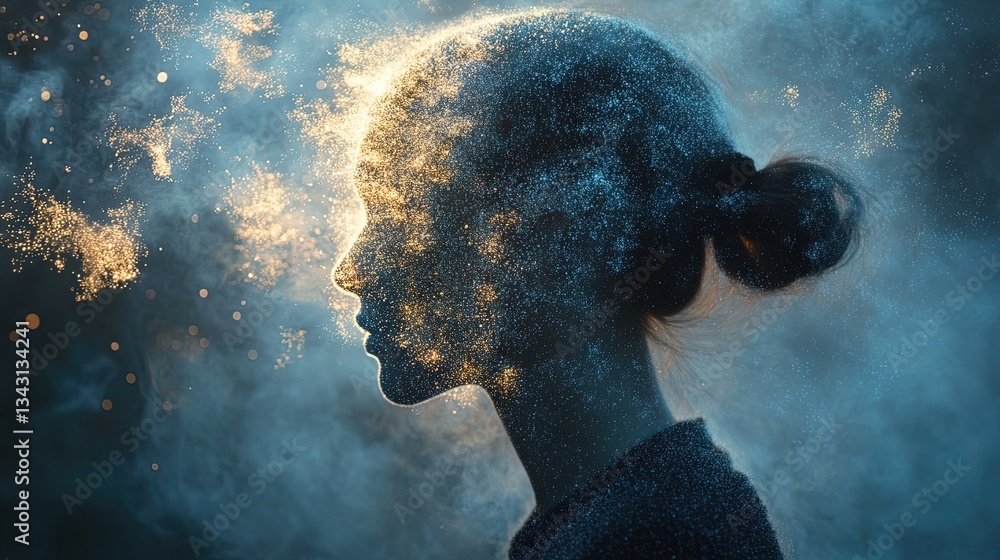 Poster human silhouette made of floating shapes and particles, dissolving into light
