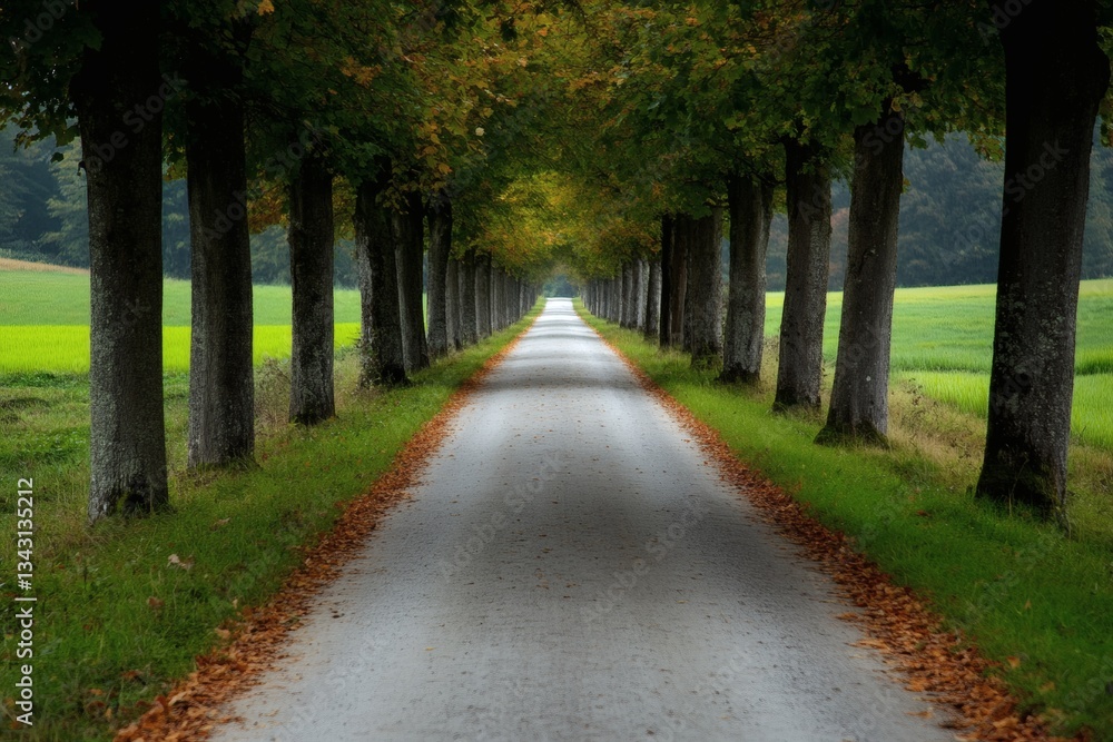 Aufkleber quiet path through trees leading to serene greenery at dusk in a peaceful countryside setting genera