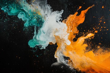 Psychedelic gradient in vibrant hues of orange teal and white flowing in a wave pattern against a black backdrop