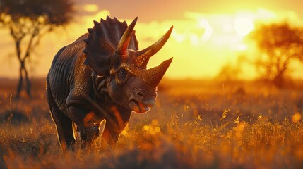 Fototapeta premium AI-generated majestic dinosaurs in a prehistoric landscape. Triceratops. The concept of time when dinosaurs ruled the Earth.