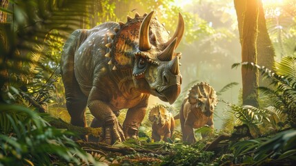 Obraz premium AI-generated majestic dinosaurs in a prehistoric landscape. Triceratops. The concept of time when dinosaurs ruled the Earth.