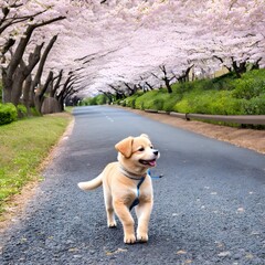 A beautiful cherry blossom road, a cute puppy happily walking above it