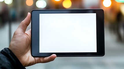 Tablet Device with Blank Screen Held by a Hand in Urban Setting