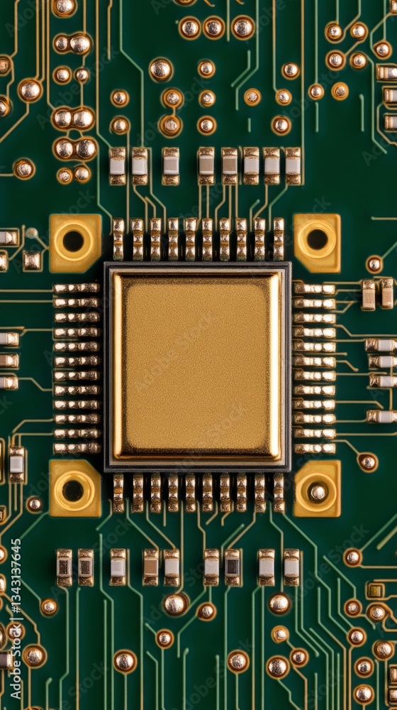 Poster close up view of an intricate microchip with detailed gold and silver circuitry on a green printed c