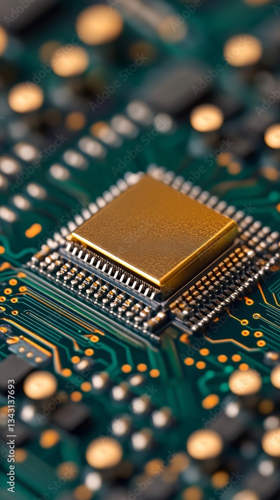 Poster close up view of an intricate microchip with detailed gold and silver circuitry on a green printed c