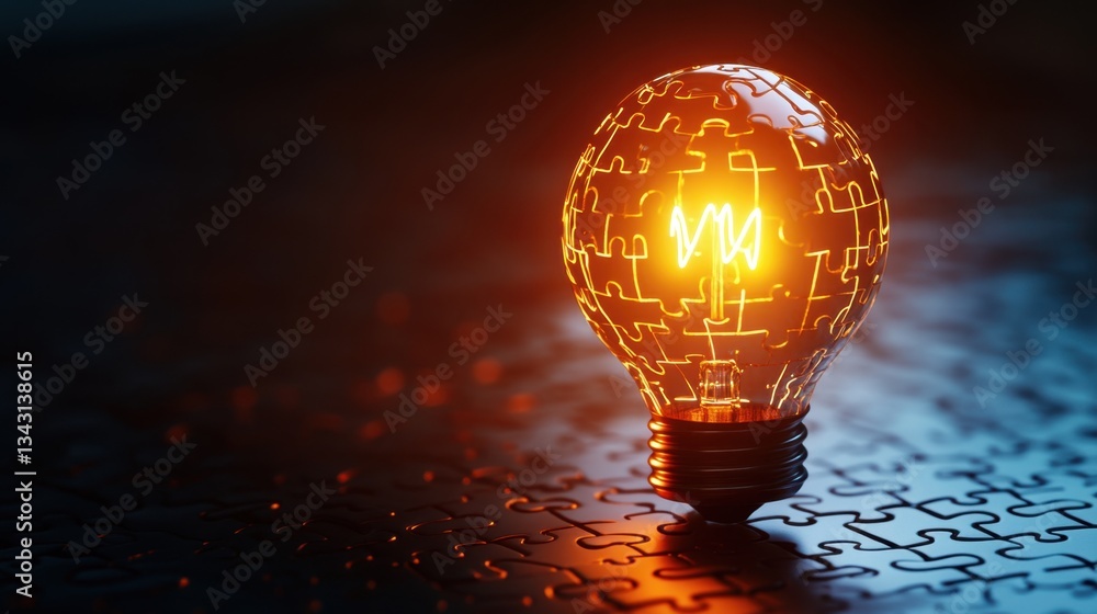Poster creative problem-solving concept with puzzle pieces forming a glowing light bulb.