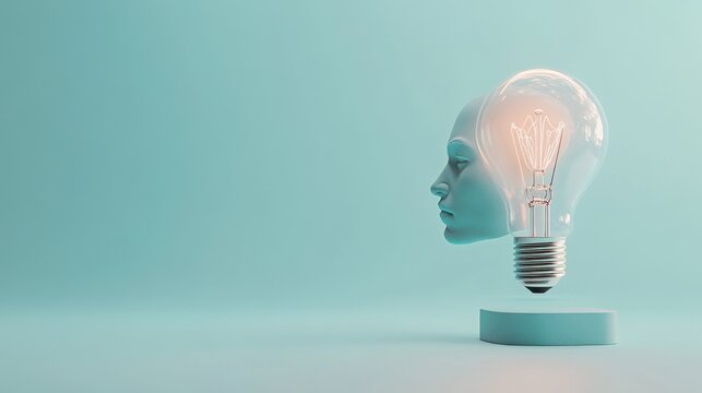 Creative thinking and innovation concept with a human head and light bulb fusion.