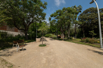 Obraz premium Green park pathway with wooden benches and trees under a clear blue sky
