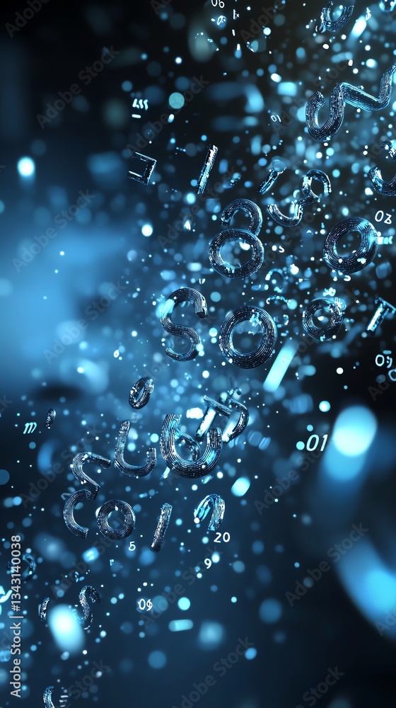 Poster floating numbers and letters abstract design in blue and black background