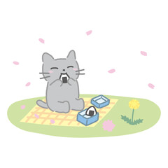 お花見でおにぎりを食べて春を満喫するねこイラスト