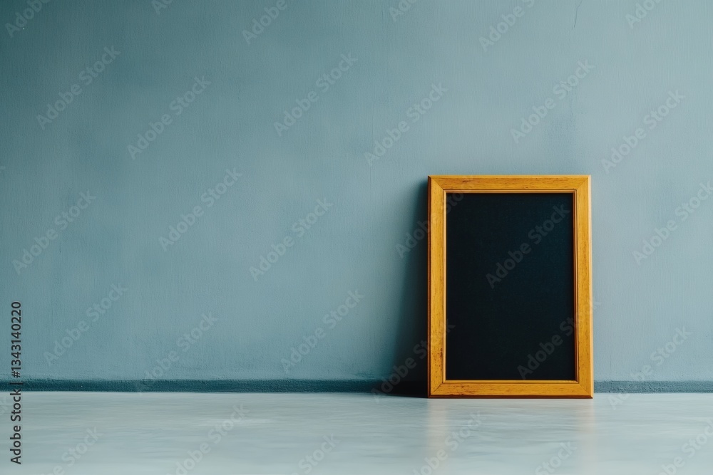 Poster minimalist wooden frame against a textured blue wall capturing the essence of simplicity and space i
