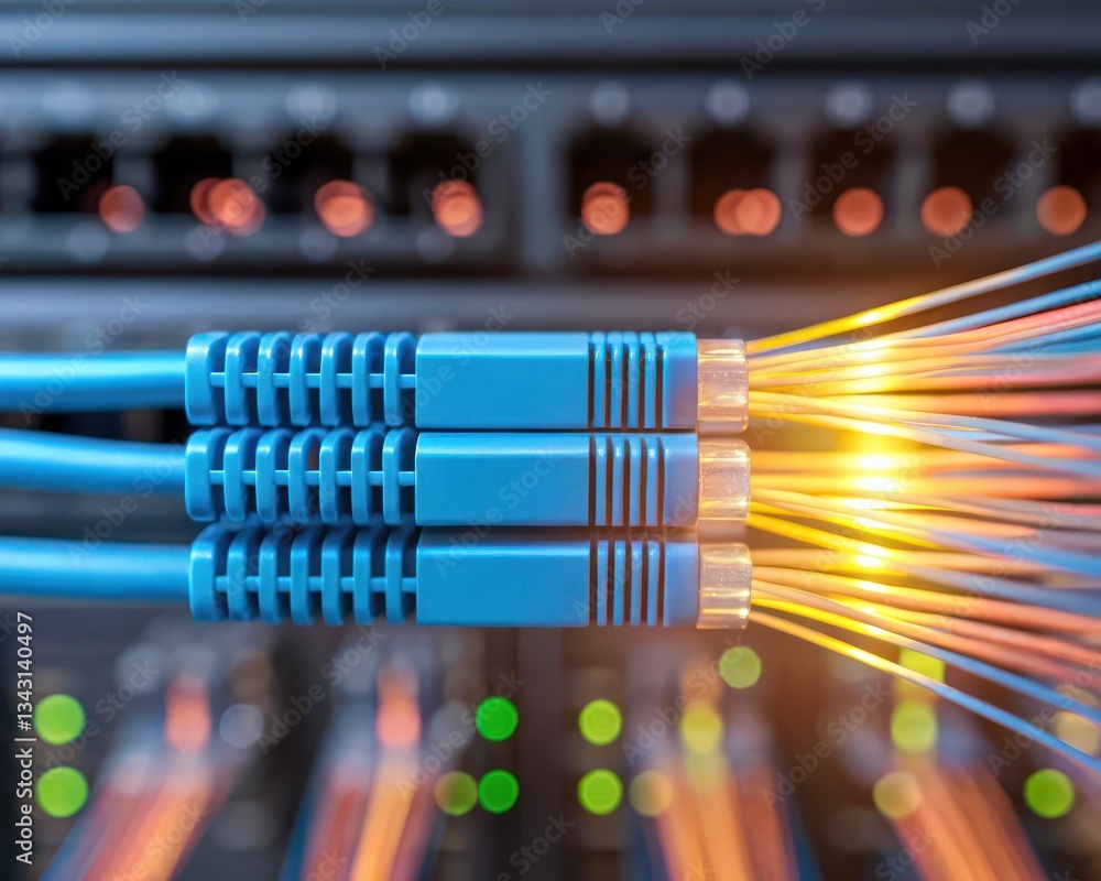 Poster network cable connection to server data center closeup image technology environment detailed view co