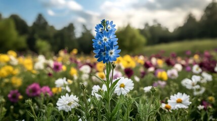 Obraz premium Elegant A cluster of bright blue wildflowers standing tall amidst a super bloom surrounded by a sea of multicolored blossoms in full bloom 