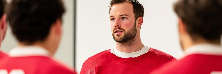 Elegant A coach giving an intense pep talk in the locker room before a Beanpot final players listening intently with focused expressions 