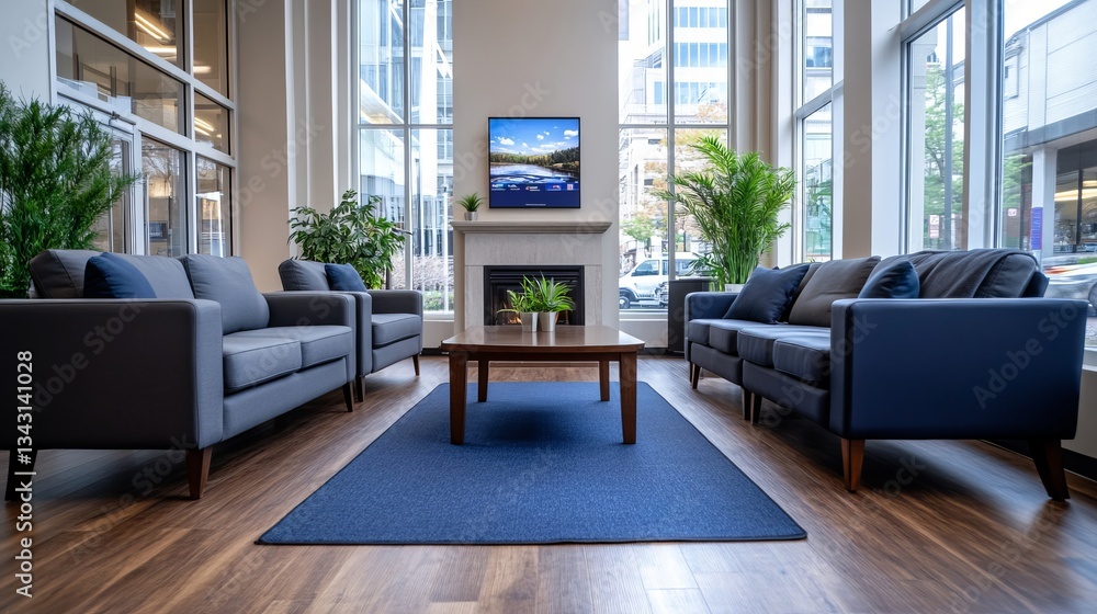 Aufkleber elegant a coworking lounge with a fireplace plush seating and soft lighting creating a cozy yet prof