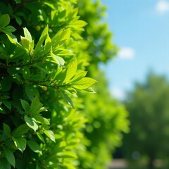 Obraz premium - Close up of fresh green foliage on bush branch, sunny day in garden, close up, plants